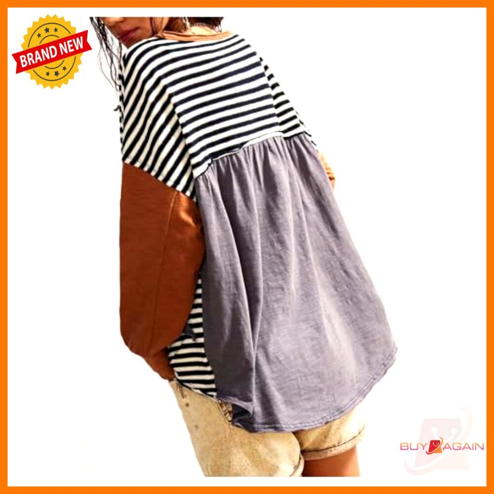 Striped Star Patchwork Crew Neck Drop Shoulder Ov… - image 2